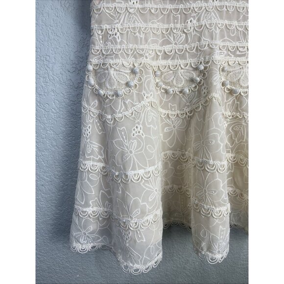 Womens Small Off White Mini Dress Flower Embroidered Puff Sleeve Romantic Ruffle - Picture 3 of 9